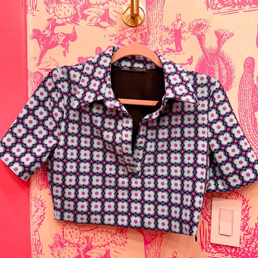 Zara Geometric Collared Cropped Blouse Purple S